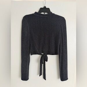 BCBGeneration Black Sparkle Cropped Tie-Back Long Sleeve Top